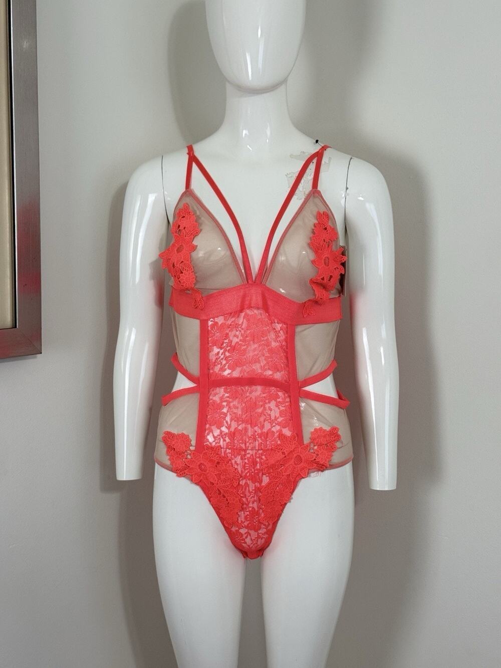 French Affair Lace Mesh Bodysuit Teddy Lingerie Floral Cutout Strappy 1X NWT